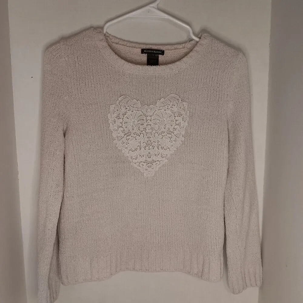 Blush & Bloom Women's Ivory Knit Sweater With Lace Heart Emblem Size M